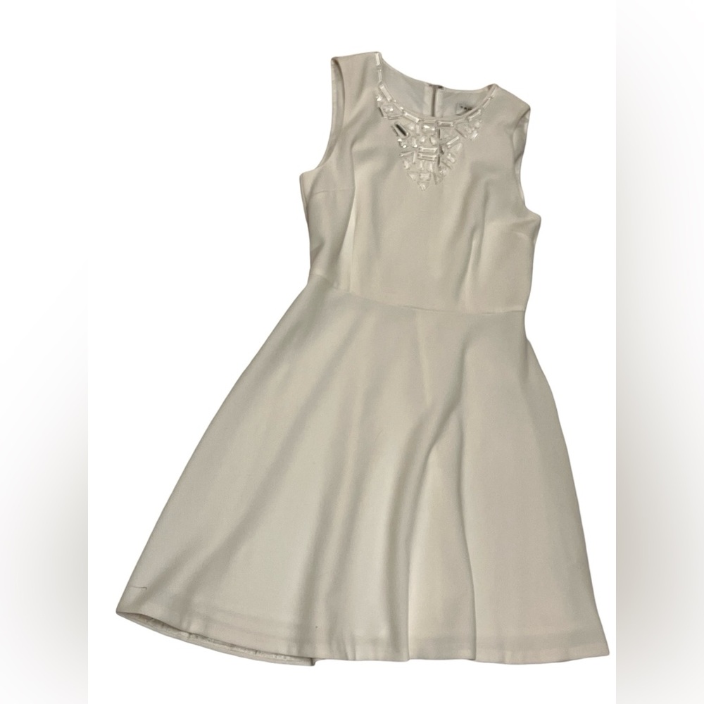 Trina Turk White Dress Beaded Collar Detail Fit to Flare Sz M